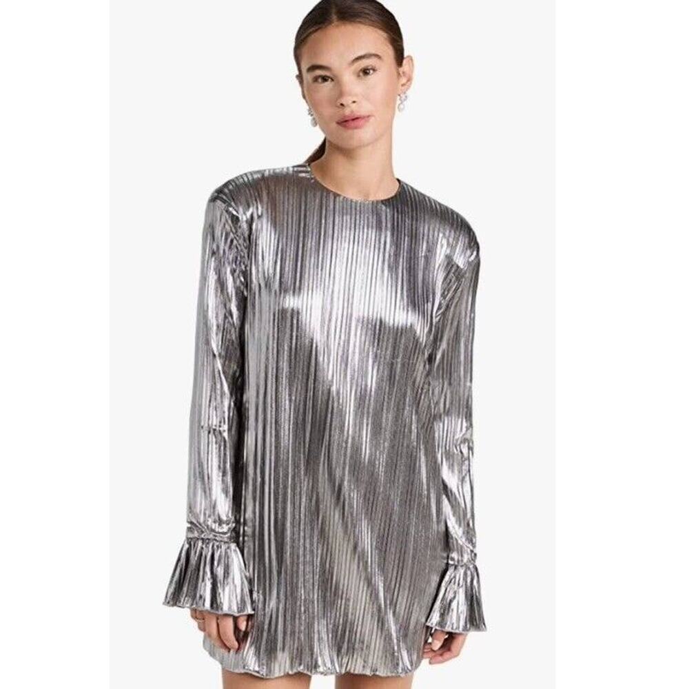 OPT Liana Mini Dress Women Small Silver Long Sleeves Metallic Lined